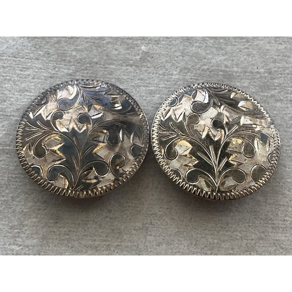 Vintage Sterling Silver Round Clip Back Earrings Etched Design Estate Jewelry